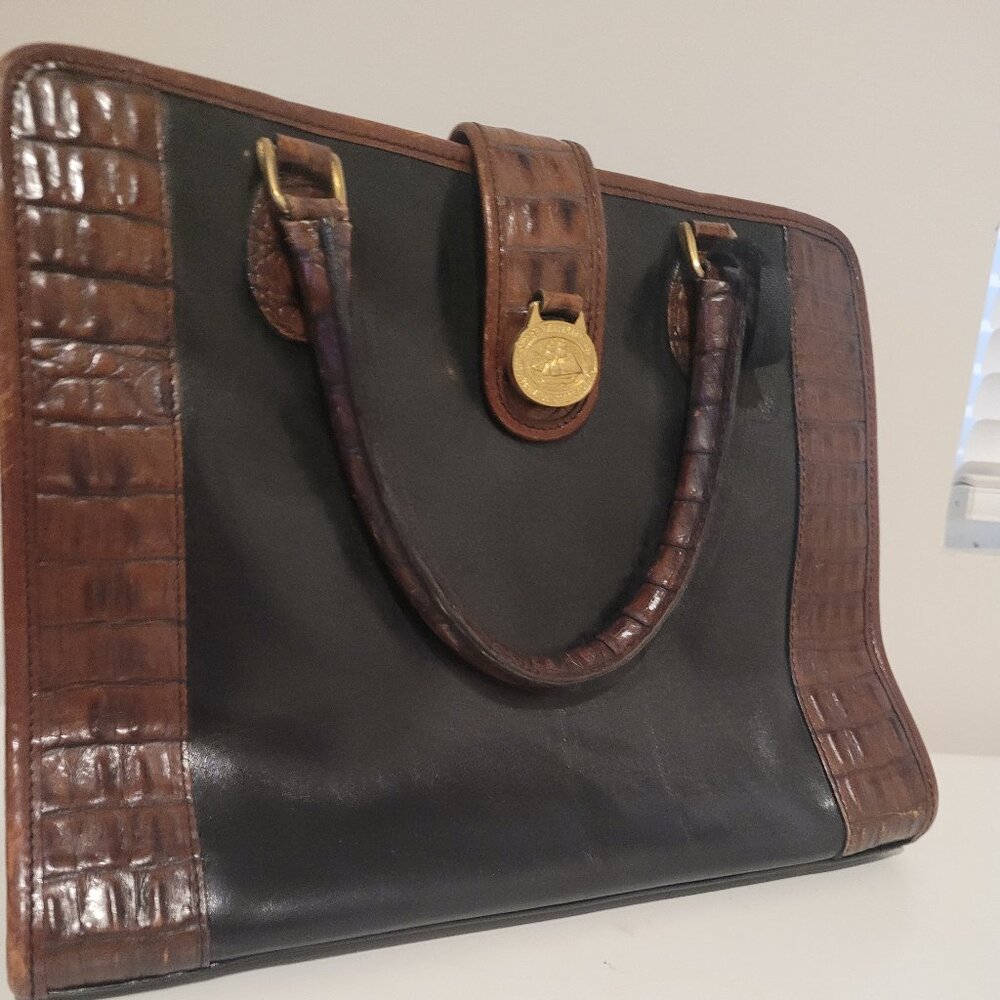 BRAHMIN Ladies Brown Black Leather Hand Bag Purse Gold Hardware